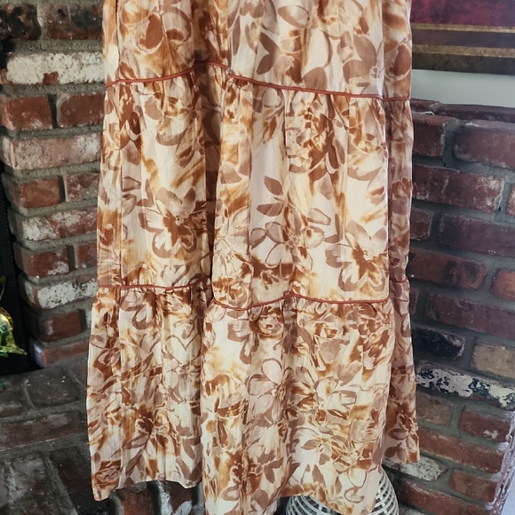 NWT Jacqui E Gaia Beige & Tan Smocked Tiered Midi Dress Boho - Picture 8 of 14